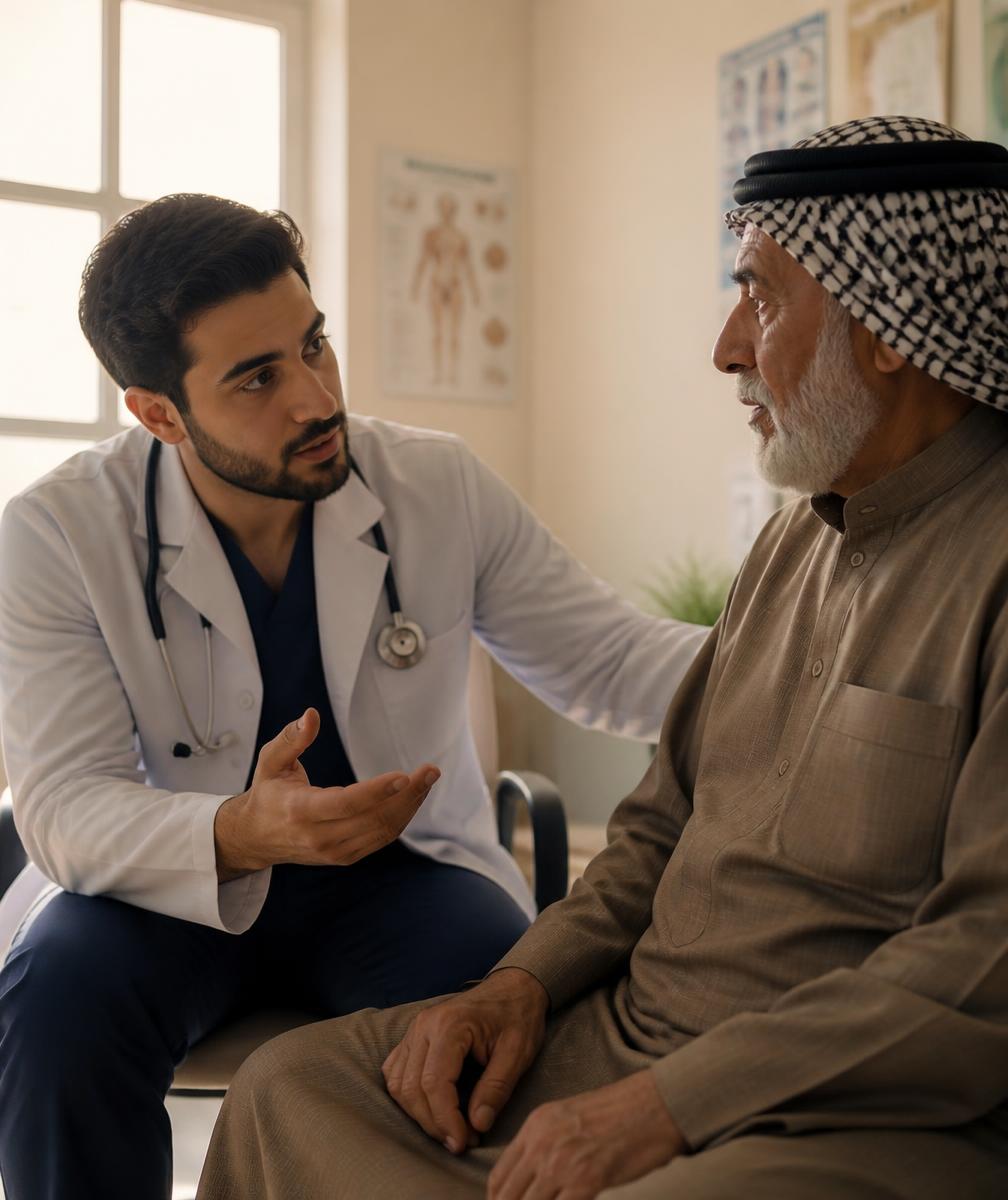 طبيب يشرح لمريض خطة علاج المايلوما في العيادة