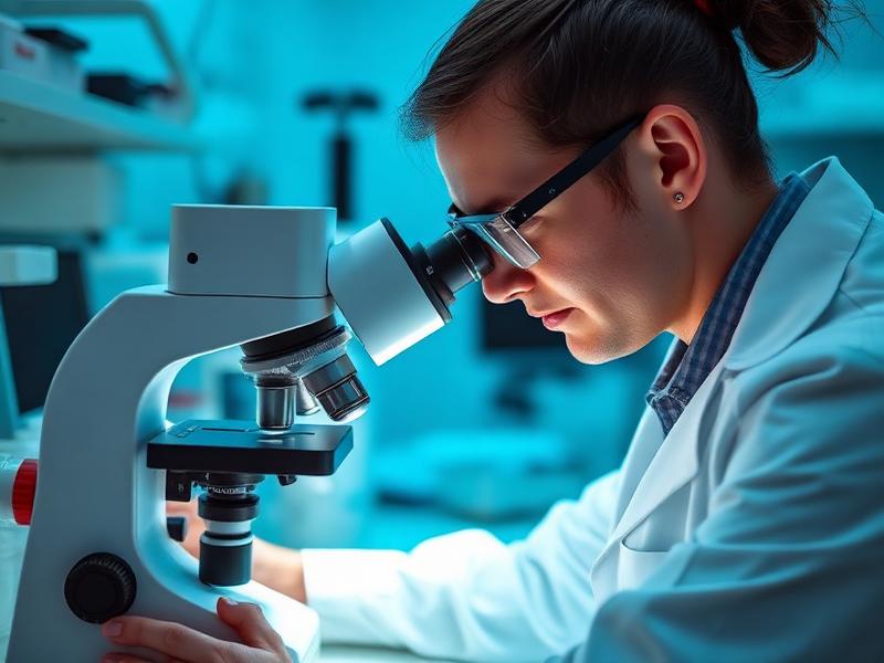 أخصائية مختبر تفحص عينة دم بالمجهر